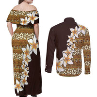 Vintage Hibiscus Turtle Pattern Couples Matching Off Shoulder Maxi Dress and Long Sleeve Button Shirt with Plumeria Half Style LT9 - Polynesian Pride