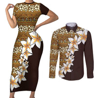 Vintage Hibiscus Turtle Pattern Couples Matching Short Sleeve Bodycon Dress and Long Sleeve Button Shirt with Plumeria Half Style LT9 Gold - Polynesian Pride
