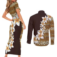 Vintage Hibiscus Turtle Pattern Couples Matching Short Sleeve Bodycon Dress and Long Sleeve Button Shirt with Plumeria Half Style LT9 - Polynesian Pride