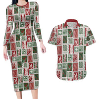 Mele Kalikimaka Hawaiian Quilt and Lei Patchwork Couples Matching Long Sleeve Bodycon Dress and Hawaiian Shirt - Polynesian Pride