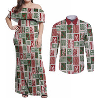 Mele Kalikimaka Hawaiian Quilt and Lei Patchwork Couples Matching Off Shoulder Maxi Dress and Long Sleeve Button Shirt - Polynesian Pride