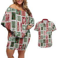 Mele Kalikimaka Hawaiian Quilt and Lei Patchwork Couples Matching Off Shoulder Short Dress and Hawaiian Shirt - Polynesian Pride
