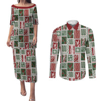 Mele Kalikimaka Hawaiian Quilt and Lei Patchwork Couples Matching Puletasi and Long Sleeve Button Shirt LT9 Red - Polynesian Pride