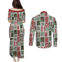 Mele Kalikimaka Hawaiian Quilt and Lei Patchwork Couples Matching Puletasi and Long Sleeve Button Shirt LT9 - Polynesian Pride