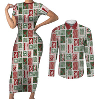 Mele Kalikimaka Hawaiian Quilt and Lei Patchwork Couples Matching Short Sleeve Bodycon Dress and Long Sleeve Button Shirt LT9 Red - Polynesian Pride