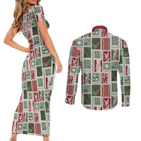 Mele Kalikimaka Hawaiian Quilt and Lei Patchwork Couples Matching Short Sleeve Bodycon Dress and Long Sleeve Button Shirt LT9 - Polynesian Pride