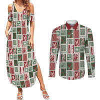 Mele Kalikimaka Hawaiian Quilt and Lei Patchwork Couples Matching Summer Maxi Dress and Long Sleeve Button Shirt LT9 Red - Polynesian Pride