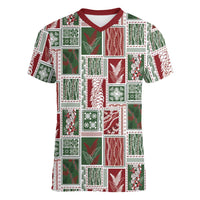 Mele Kalikimaka Hawaiian Quilt and Lei Patchwork Women V-Neck T-Shirt LT9 Female Red - Polynesian Pride