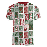 Mele Kalikimaka Hawaiian Quilt and Lei Patchwork Women V-Neck T-Shirt LT9 - Polynesian Pride
