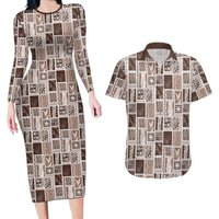 Vintage Aloha Block Quilt Couples Matching Long Sleeve Bodycon Dress and Hawaiian Shirt Beige Inspired Lei Motifs - Polynesian Pride