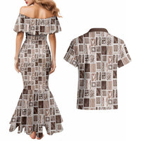 Vintage Aloha Block Quilt Couples Matching Mermaid Dress and Hawaiian Shirt Beige Inspired Lei Motifs - Polynesian Pride