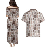 Vintage Aloha Block Quilt Couples Matching Puletasi and Hawaiian Shirt Beige Inspired Lei Motifs - Polynesian Pride