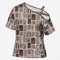 Vintage Aloha Block Quilt Cross Shoulder Shirt Beige Inspired Lei Motifs LT9 Female Beige - Polynesian Pride