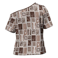 Vintage Aloha Block Quilt Cross Shoulder Shirt Beige Inspired Lei Motifs LT9 - Polynesian Pride