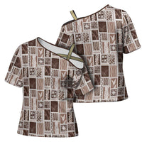 Vintage Aloha Block Quilt Cross Shoulder Shirt Beige Inspired Lei Motifs LT9 - Polynesian Pride