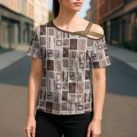 Vintage Aloha Block Quilt Cross Shoulder Shirt Beige Inspired Lei Motifs LT9 - Polynesian Pride