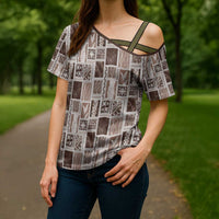 Vintage Aloha Block Quilt Cross Shoulder Shirt Beige Inspired Lei Motifs LT9 - Polynesian Pride