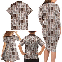 Vintage Aloha Block Quilt Family Matching Long Sleeve Bodycon Dress and Hawaiian Shirt Beige Inspired Lei Motifs - Polynesian Pride