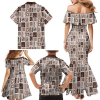 Vintage Aloha Block Quilt Family Matching Mermaid Dress and Hawaiian Shirt Beige Inspired Lei Motifs - Polynesian Pride