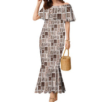 Vintage Aloha Block Quilt Family Matching Mermaid Dress and Hawaiian Shirt Beige Inspired Lei Motifs - Polynesian Pride