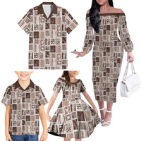 Vintage Aloha Block Quilt Family Matching Off The Shoulder Long Sleeve Dress and Hawaiian Shirt Beige Inspired Lei Motifs - Polynesian Pride