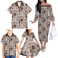 Vintage Aloha Block Quilt Family Matching Off The Shoulder Long Sleeve Dress and Hawaiian Shirt Beige Inspired Lei Motifs - Polynesian Pride