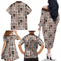 Vintage Aloha Block Quilt Family Matching Off The Shoulder Long Sleeve Dress and Hawaiian Shirt Beige Inspired Lei Motifs - Polynesian Pride