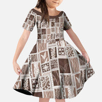 Vintage Aloha Block Quilt Family Matching Off Shoulder Short Dress and Hawaiian Shirt Beige Inspired Lei Motifs - Polynesian Pride