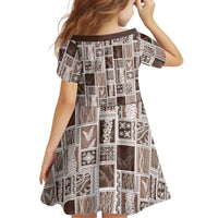 Vintage Aloha Block Quilt Family Matching Off Shoulder Short Dress and Hawaiian Shirt Beige Inspired Lei Motifs - Polynesian Pride