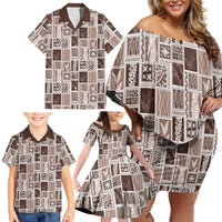 Vintage Aloha Block Quilt Family Matching Off Shoulder Short Dress and Hawaiian Shirt Beige Inspired Lei Motifs - Polynesian Pride