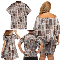 Vintage Aloha Block Quilt Family Matching Off Shoulder Short Dress and Hawaiian Shirt Beige Inspired Lei Motifs - Polynesian Pride