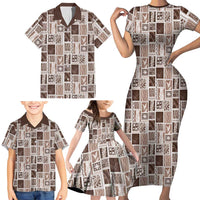 Vintage Aloha Block Quilt Family Matching Short Sleeve Bodycon Dress and Hawaiian Shirt Beige Inspired Lei Motifs - Polynesian Pride