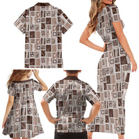 Vintage Aloha Block Quilt Family Matching Short Sleeve Bodycon Dress and Hawaiian Shirt Beige Inspired Lei Motifs - Polynesian Pride