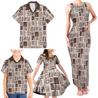 Vintage Aloha Block Quilt Family Matching Tank Maxi Dress and Hawaiian Shirt Beige Inspired Lei Motifs - Polynesian Pride