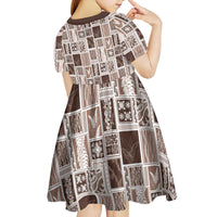 Vintage Aloha Block Quilt Kid Short Sleeve Dress Beige Inspired Lei Motifs LT9 - Polynesian Pride