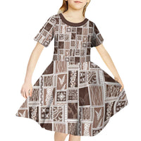 Vintage Aloha Block Quilt Kid Short Sleeve Dress Beige Inspired Lei Motifs LT9 - Polynesian Pride