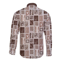 Vintage Aloha Block Quilt Long Sleeve Button Shirt Beige Inspired Lei Motifs - Polynesian Pride