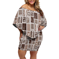Vintage Aloha Block Quilt Off Shoulder Short Dress Beige Inspired Lei Motifs - Polynesian Pride