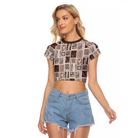 Vintage Aloha Block Quilt Raglan Cropped T Shirt Beige Inspired Lei Motifs LT9 Female Beige - Polynesian Pride