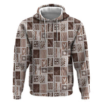 Vintage Aloha Block Quilt Zip Hoodie Beige Inspired Lei Motifs - Polynesian Pride