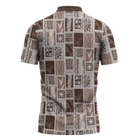 Vintage Aloha Block Quilt Zipper Polo Shirt Beige Inspired Lei Motifs LT9 - Polynesian Pride