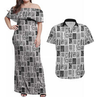 Vintage Aloha Block Quilt Couples Matching Off Shoulder Maxi Dress and Hawaiian Shirt Black Inspired Lei Motifs - Polynesian Pride