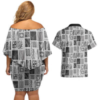 Vintage Aloha Block Quilt Couples Matching Off Shoulder Short Dress and Hawaiian Shirt Black Inspired Lei Motifs - Polynesian Pride
