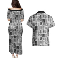 Vintage Aloha Block Quilt Couples Matching Puletasi and Hawaiian Shirt Black Inspired Lei Motifs - Polynesian Pride