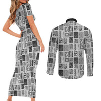 Vintage Aloha Block Quilt Couples Matching Short Sleeve Bodycon Dress and Long Sleeve Button Shirt Black Inspired Lei Motifs - Polynesian Pride