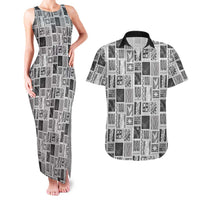 Vintage Aloha Block Quilt Couples Matching Tank Maxi Dress and Hawaiian Shirt Black Inspired Lei Motifs - Polynesian Pride