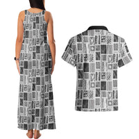 Vintage Aloha Block Quilt Couples Matching Tank Maxi Dress and Hawaiian Shirt Black Inspired Lei Motifs - Polynesian Pride