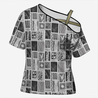 Vintage Aloha Block Quilt Cross Shoulder Shirt Black Inspired Lei Motifs LT9 Female Black - Polynesian Pride