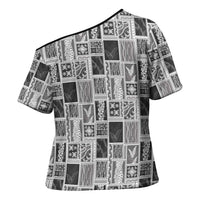 Vintage Aloha Block Quilt Cross Shoulder Shirt Black Inspired Lei Motifs LT9 - Polynesian Pride