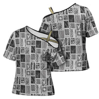 Vintage Aloha Block Quilt Cross Shoulder Shirt Black Inspired Lei Motifs LT9 - Polynesian Pride